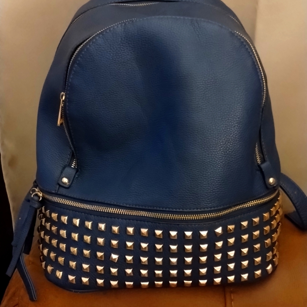 Blue studded leather like backpack large